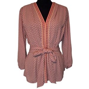 Max Studio Women's Red White Yellow Floral Tie-waist Long-sleeved Blouse Size M